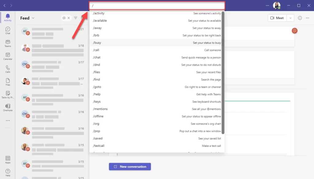 Screenshot of using shortcuts in Microsoft Teams