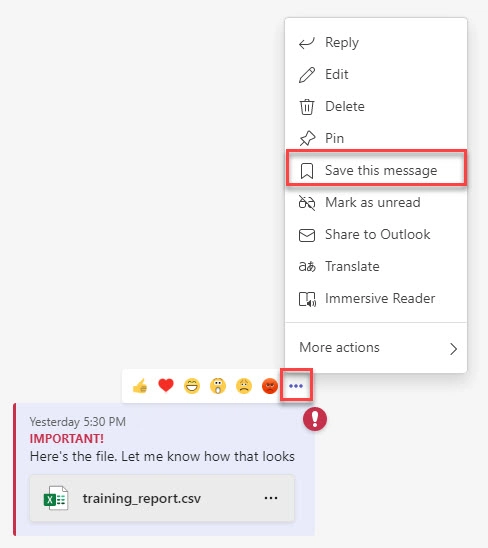 Screenshot of saving a message in Teams