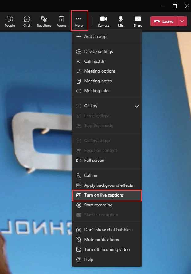 Screenshot of using live captions in Microsoft Teams calls