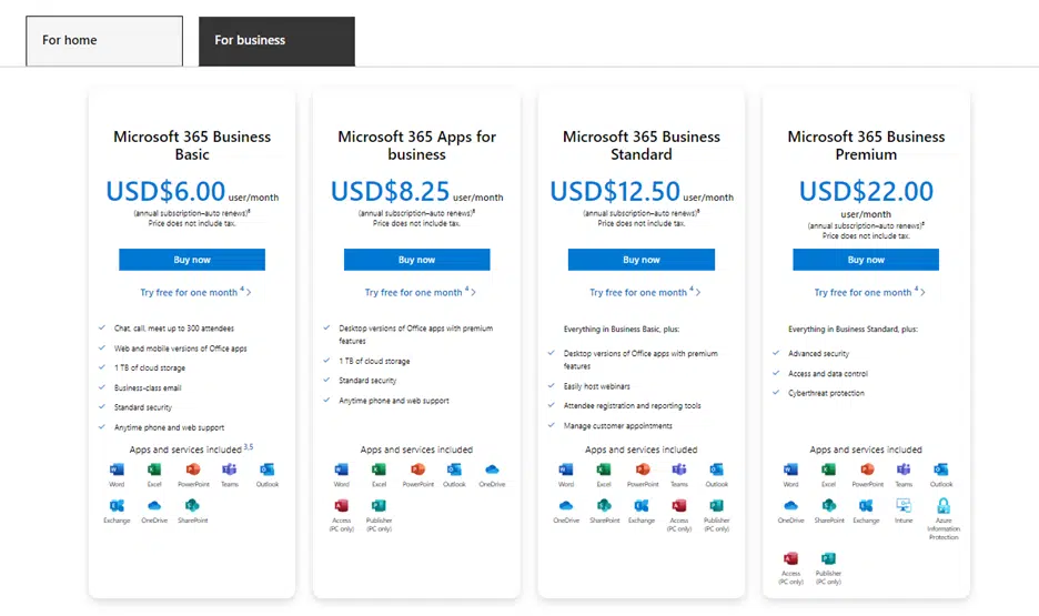 Screenshot of Microsoft 365 Business plan pricing