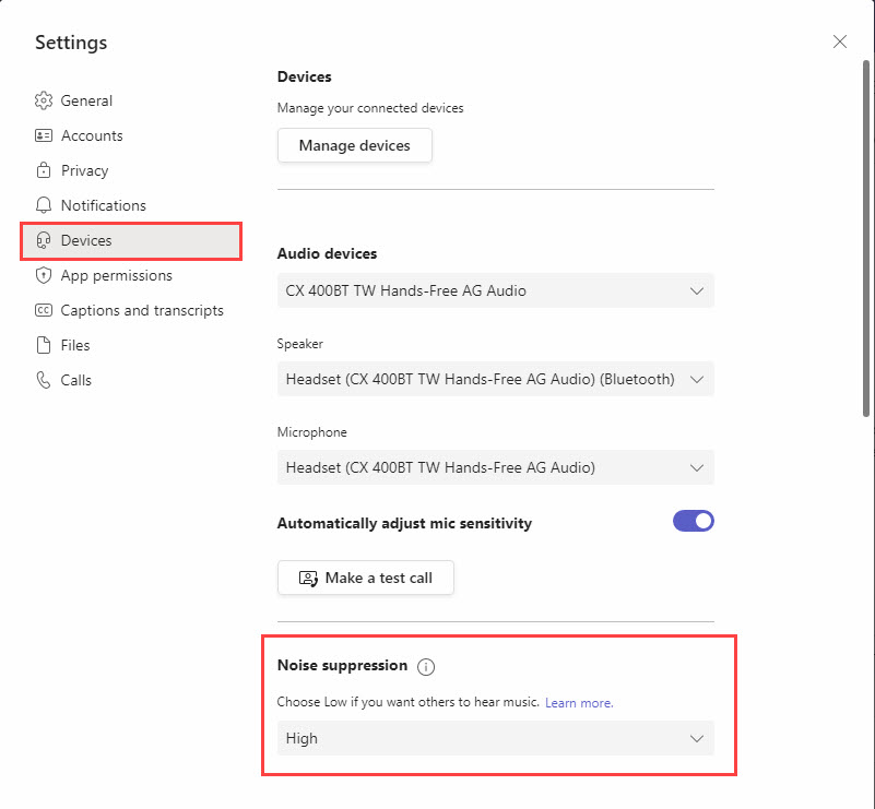 Screenshot for suppressing noise in Microsoft Teams