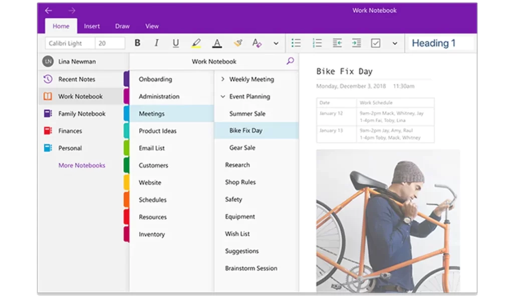 Screenshot of Microsoft OneNote dashboard