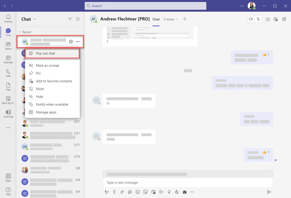Screenshot of popping out chat in a new tab in Microsoft Teams