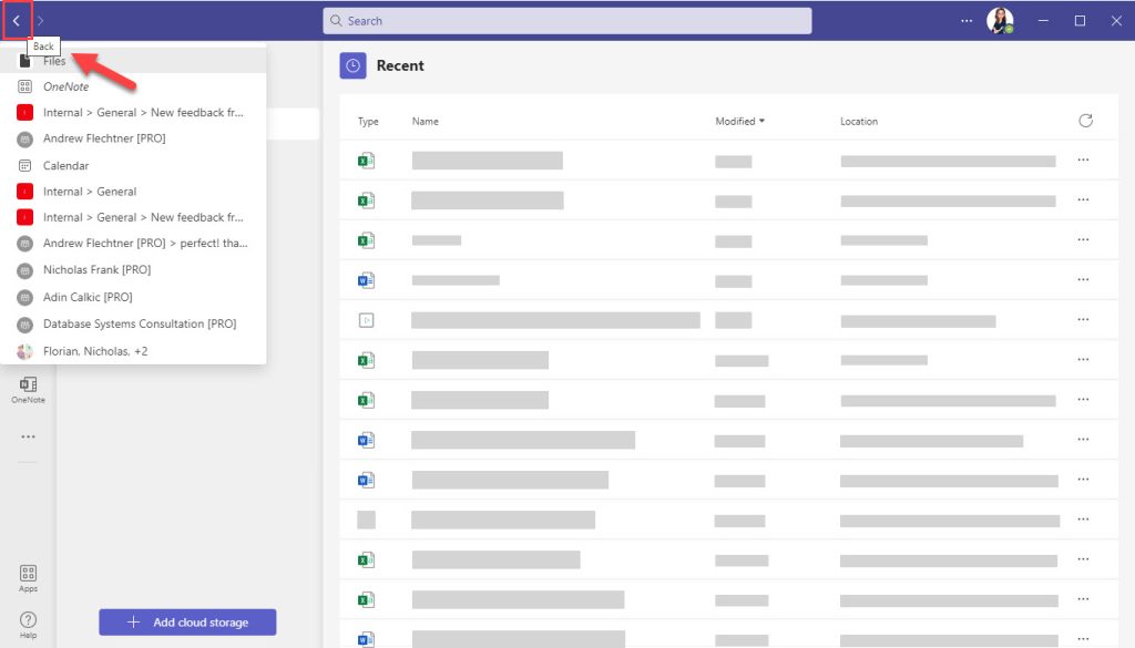 Screenshot of going back in Microsoft Teams app