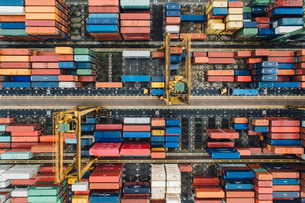 Top down view of shipping containers in a ship yard