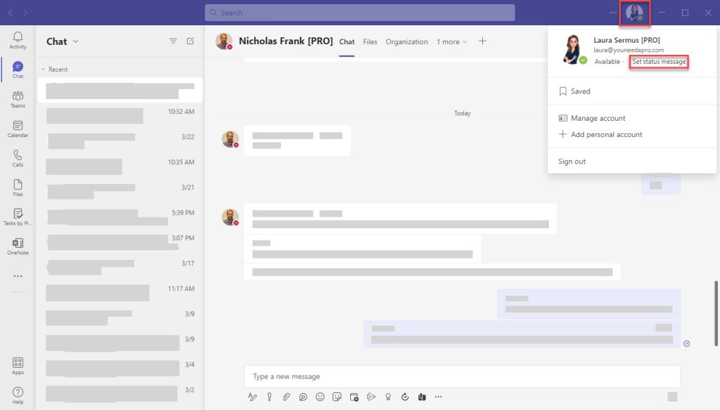 Screenshot of seeing a status message in Microsoft Teams