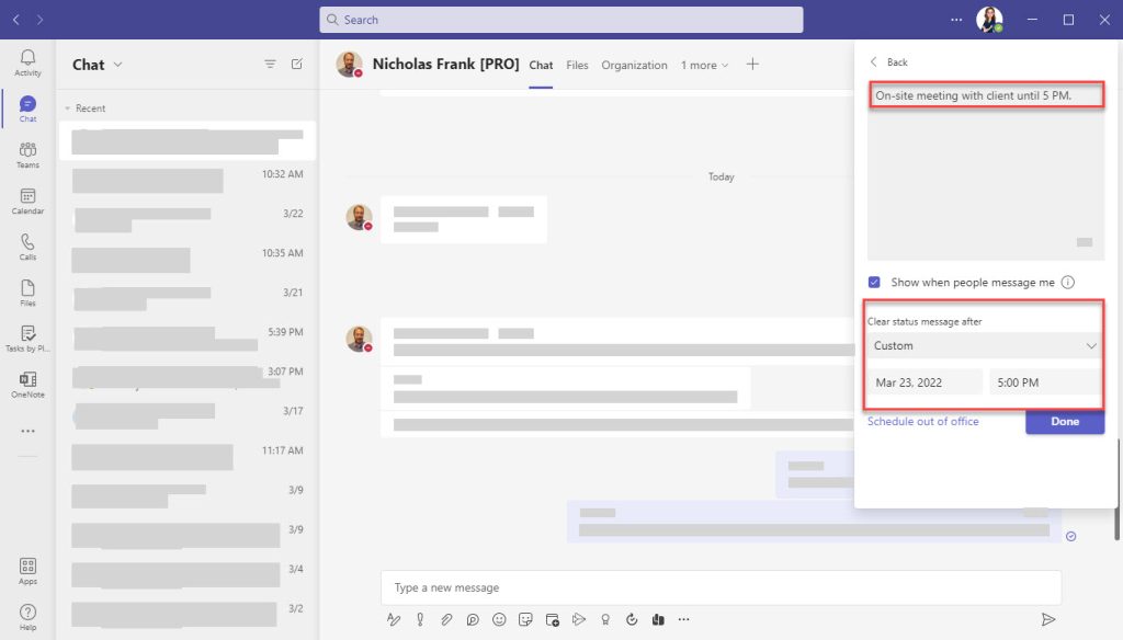 Screenshot of setting a status message in Microsoft Teams