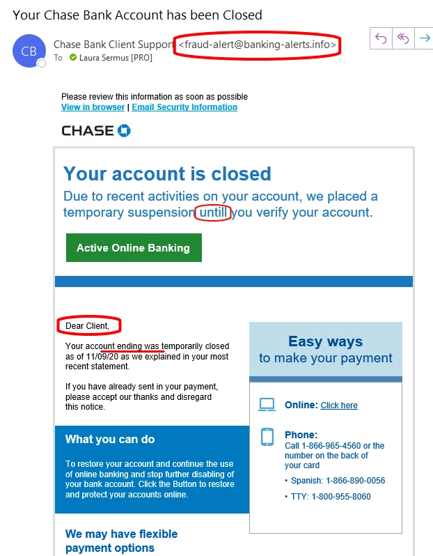 Example of a bank email scam