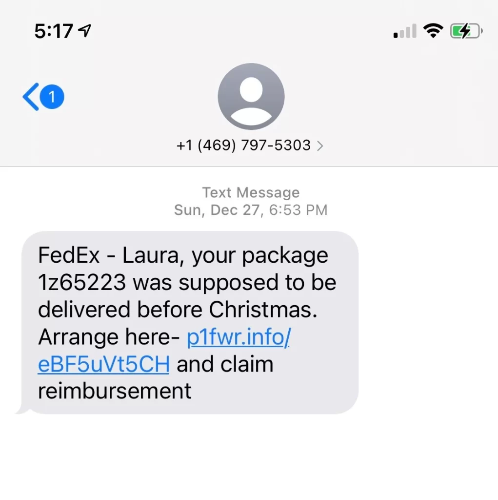 Screenshot of a scam text message