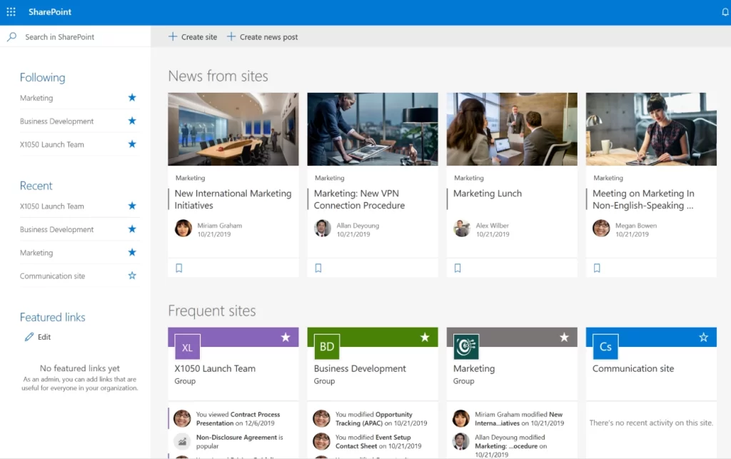 Screenshot of SharePoint dashboard