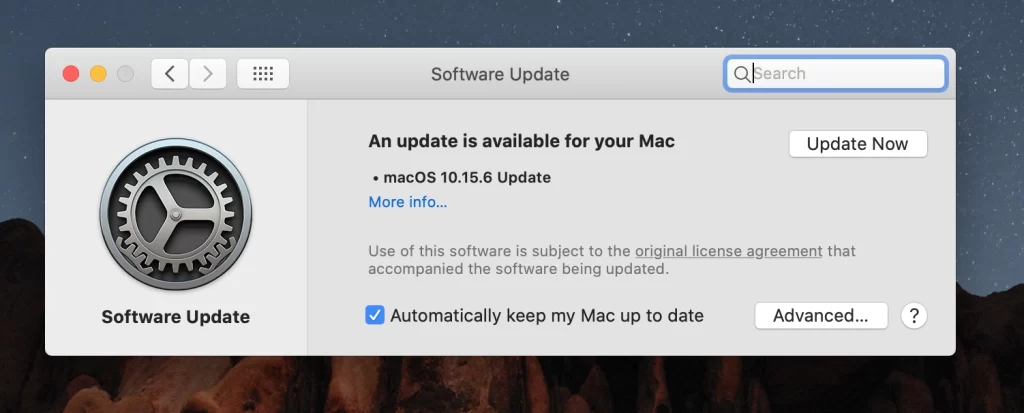 Screenshot showing an Update message on a Mac