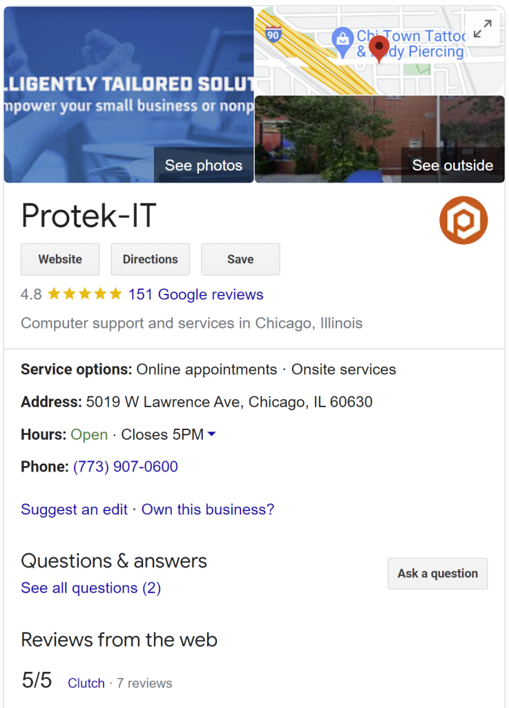 Protek-IT knowledge panel in Google