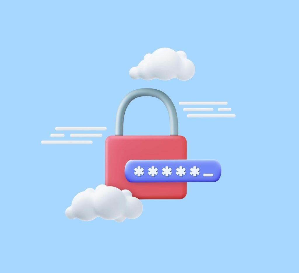 The image features a light blue background with clouds and a prominent red lock in the center. Dark blue field with stars, resembling password entry field, is displayed in front of the lock.