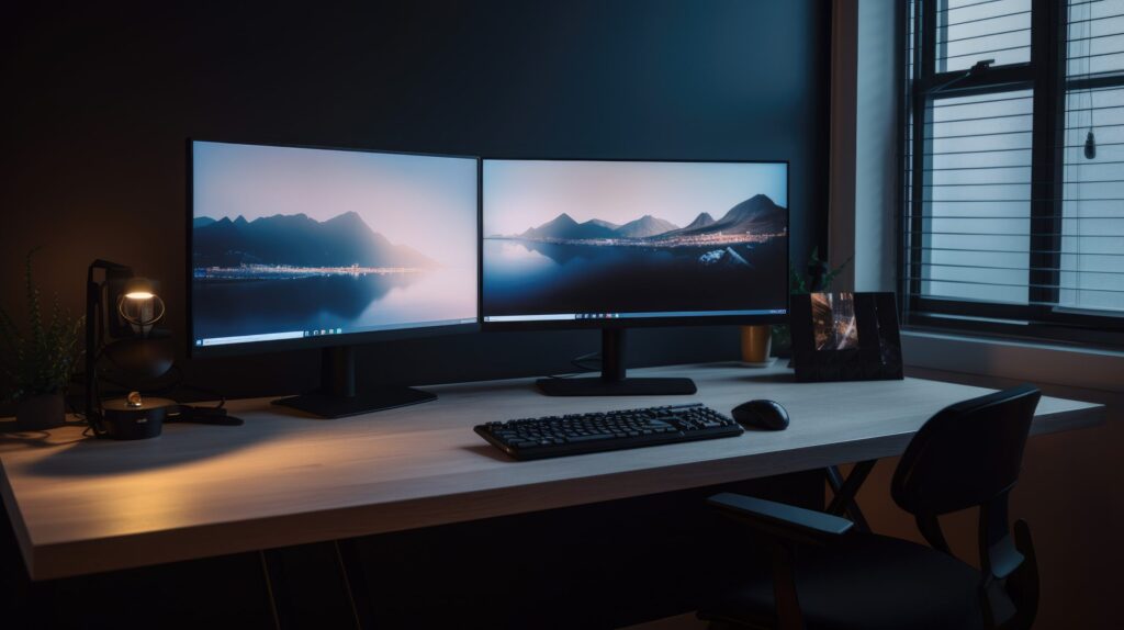 A dark room features a workspace equipped with a dual-monitor setup, a keyboard, and a mouse.