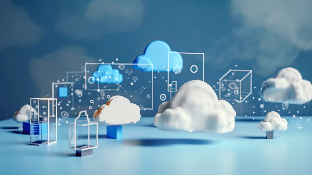 The image depicts a conceptual representation of cloud computing, featuring various cloud icons and abstract geometric shapes interconnected, set against a blue background.