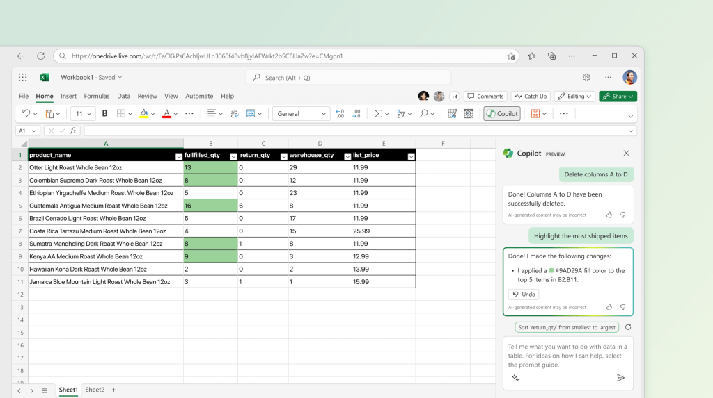 The image shows a computer screen with a spreadsheet open, displaying various columns of data. On the right side, there is Copilot panel, which has completed tasks.