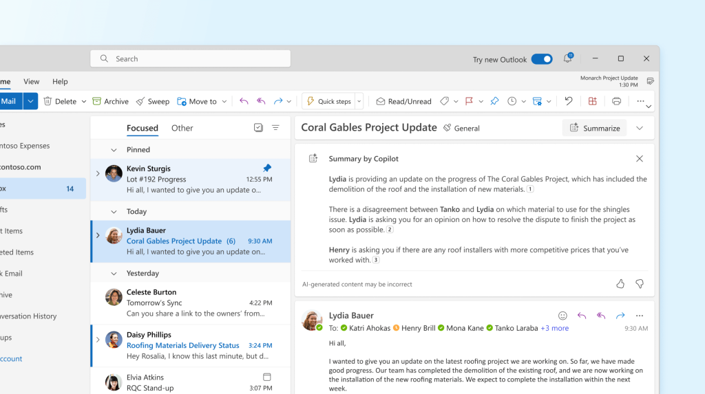 a screenshot of Microsoft Outlook with an open email, featuring an AI-generated summary by Copilot at the top.