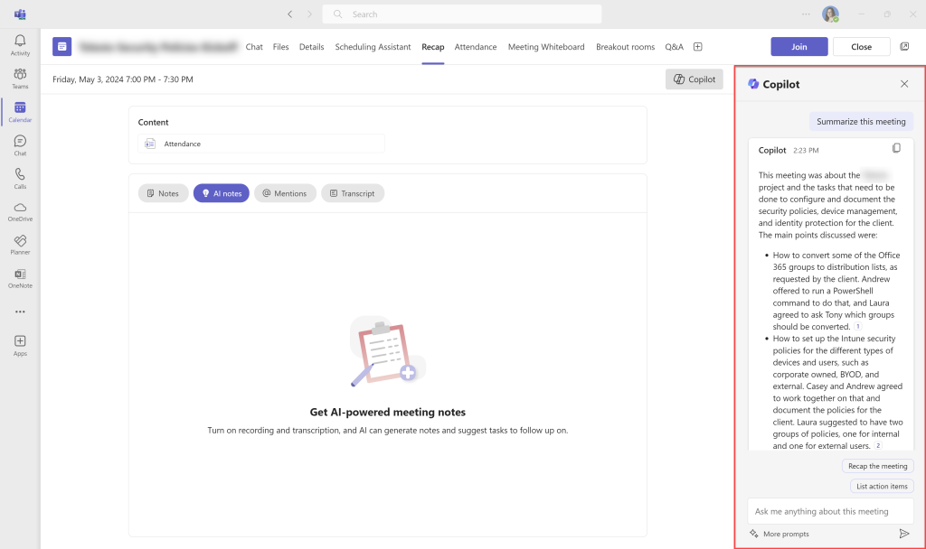 Microsoft Teams with the calendar open, featuring Microsoft Copilot in the AI notes section prompting "get AI-powered meeting notes". On the right sidebar, there's a chat with Copilot summarizing the meeting as requested by the user.