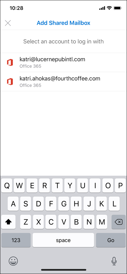 Select the account that has permissions to your shared mailbox.