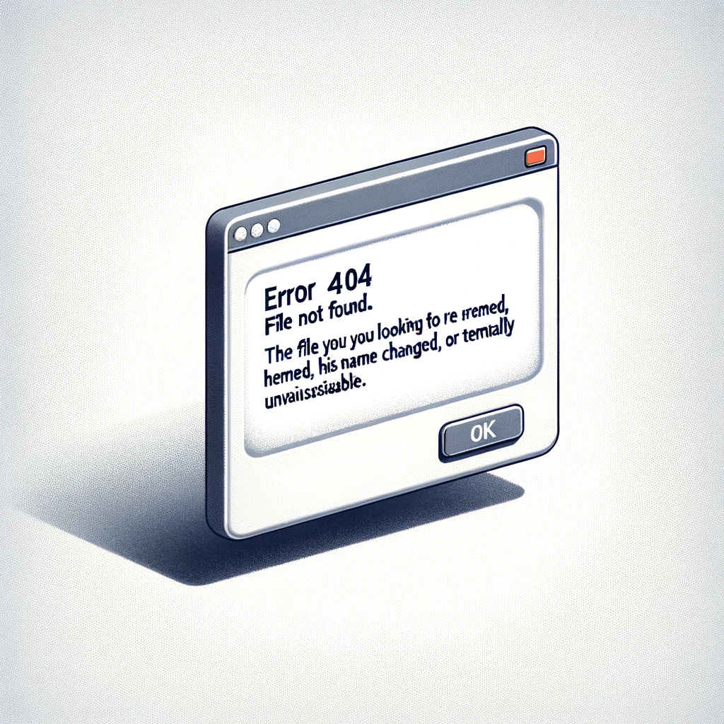 A volumetric pop-up window with a shadow is displayed on a white background, showing the message "Error 404. File not found."