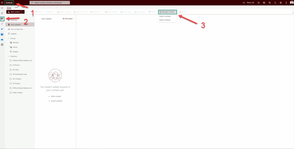 The screenshot is a step-by-step guide on importing and exporting contacts in Outlook, highlighted with red arrows.